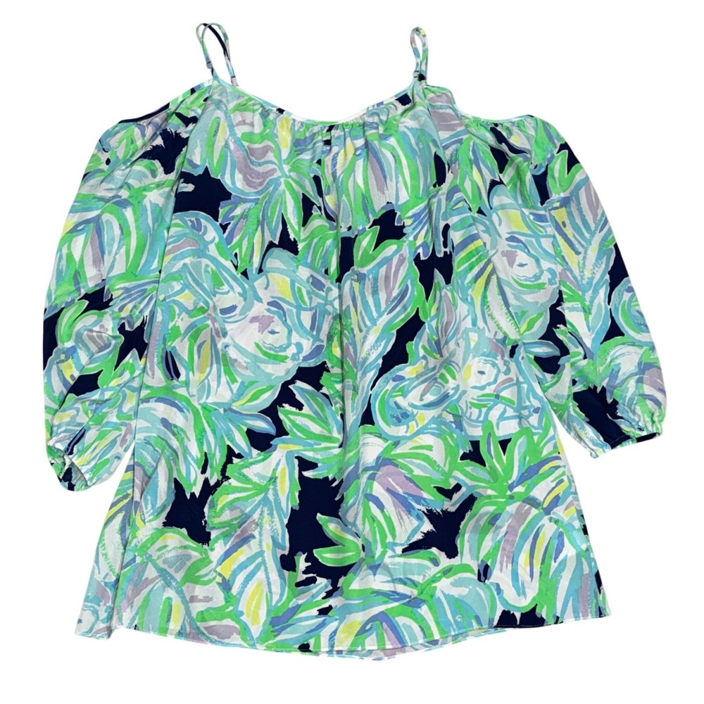 Lilly Pulitzer Silk Cold Shoulder Blouse Women M Blue Green Palm Leaf Top EUC
